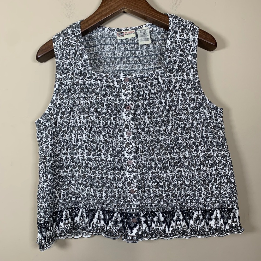 Vintage Faded Glory Black/White Smocked Button Down Sleeveless  Size 18/20W